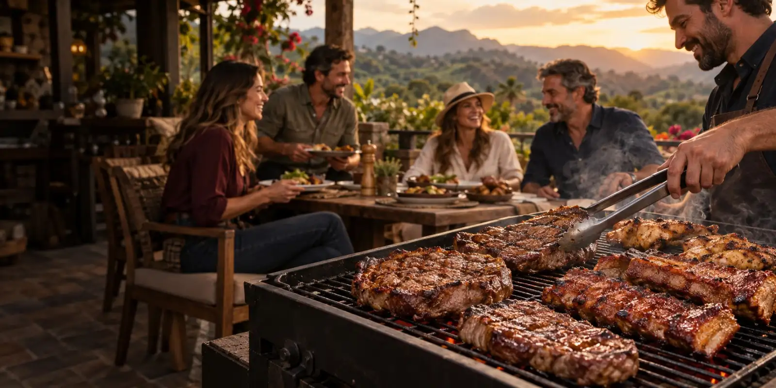 Clientes alrededor de la parrilla en un restaurante